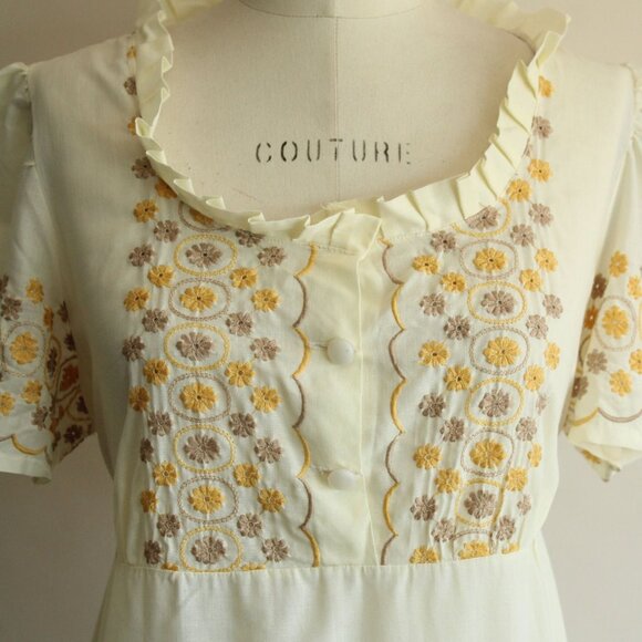 Vintage 1970s Dress, Yellow Embroidered Boho Maxidress with Empire Waist and Bow - Picture 3 of 10